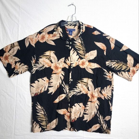 Holland America Line Mens Hawaiian Shirt XLarge Black Beige Floral Collar Pocket - Picture 1 of 12